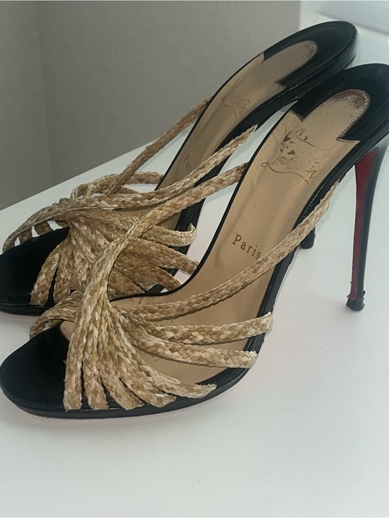 Christian Louboutin Shoes - Christian Louboutin Black Leather & Natural Raffia Wrap Stiletto Sandals